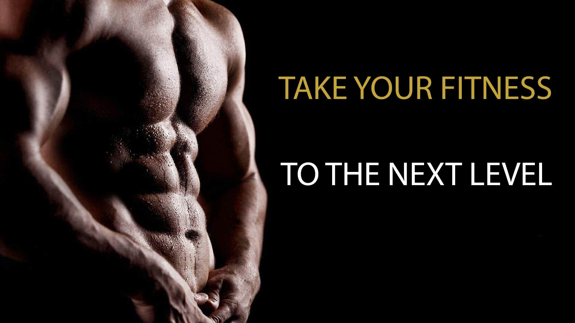 A bodybuilder zoom look focused on abs, chest and arms with the wording of 'Take Your Fitness To Next Level'